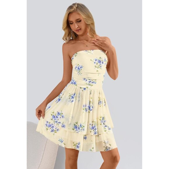 Women’s Summer Floral Strapless Tube Dress Boho Mini Ruffle Tiered - Picture 2 of 6